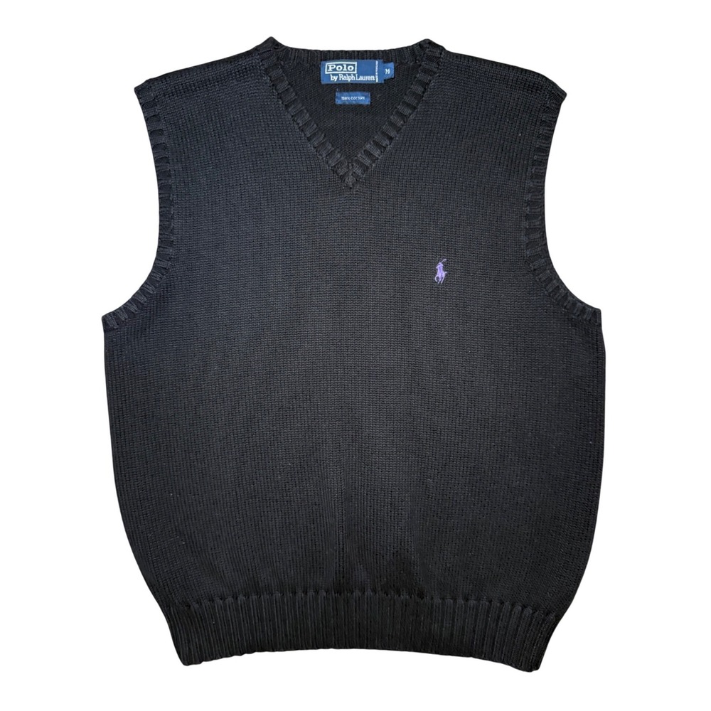 Polo Ralph Lauren V-Neck Sweater Vest Men Medium Black Purple Pony Logo